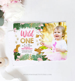 Editable Wild One Birthday Invitation Dinosaur Dino Party Girl 1st First Birthday Pink Gold Born to be Wild Corjl Template Printable 0146