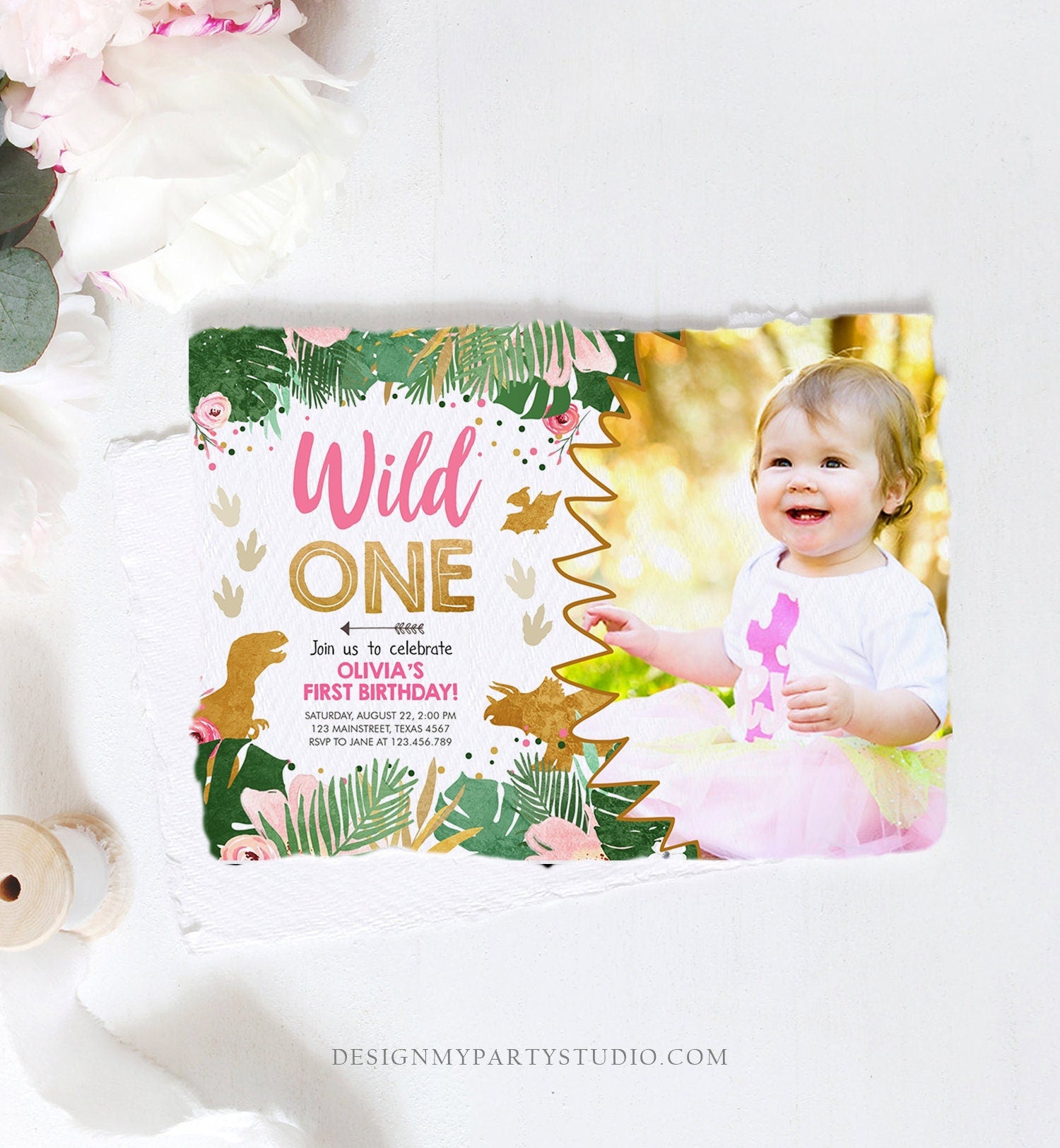 Editable Wild One Dinosaur Birthday Invitation Dino Party Girl 1st First Birthday Pink Gold Born to be Wild Corjl Template Printable 0146