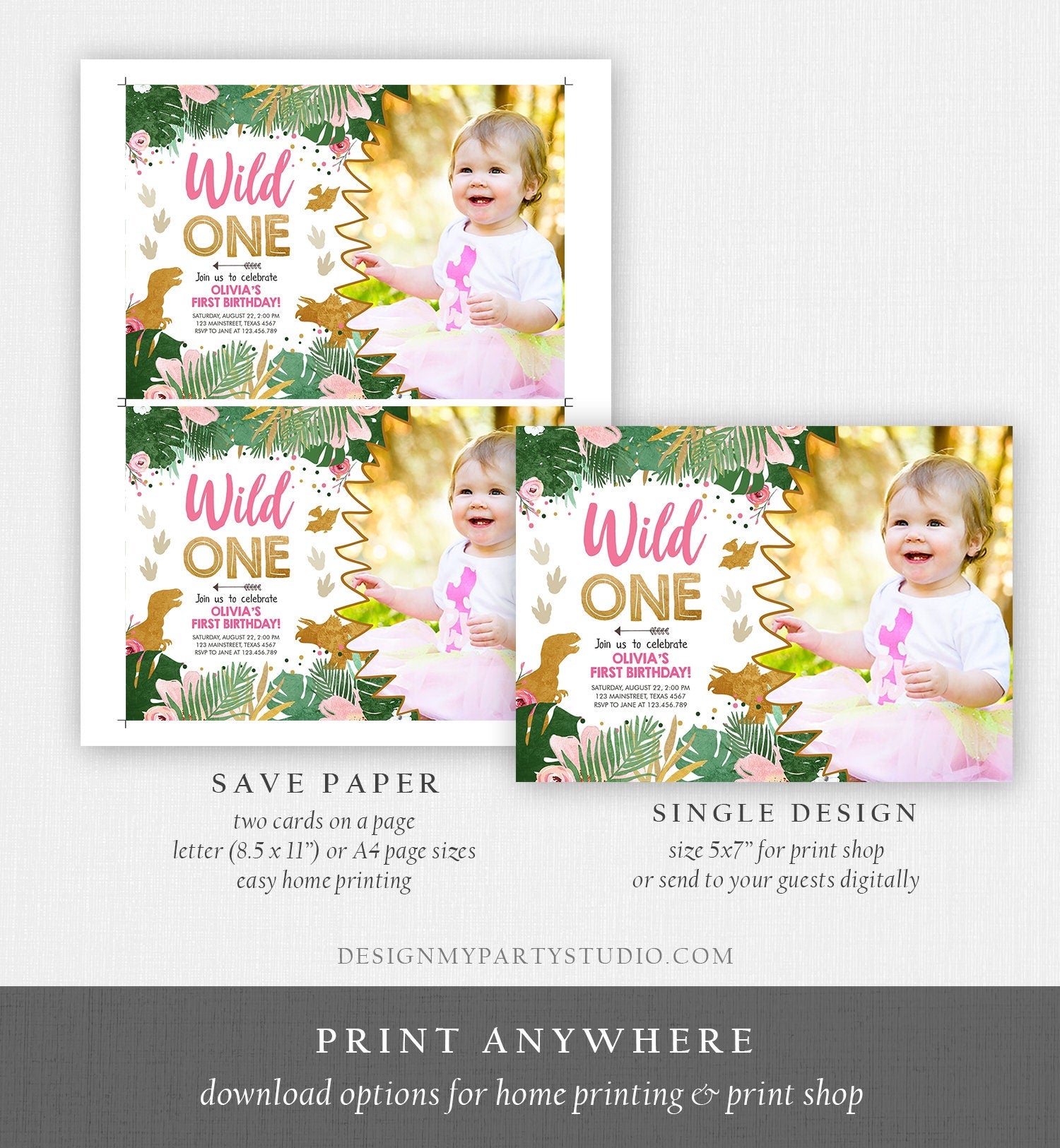 Editable Wild One Dinosaur Birthday Invitation Dino Party Girl 1st First Birthday Pink Gold Born to be Wild Corjl Template Printable 0146