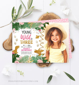 Editable Young Wild and Three Birthday Invitation Dinosaur Dino Party Girl 3rd Third Birthday Pink Gold Photo Corjl Template Printable 0146