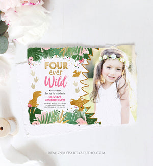 Editable Four Ever Wild Birthday Invitation Dinosaur Dino Party Girl 4th Fourth Birthday Pink Gold Fourever Corjl Template Printable 0146