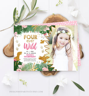 Editable Four Ever Wild Birthday Invitation Dinosaur Dino Party Girl 4th Fourth Birthday Pink Gold Fourever Corjl Template Printable 0146