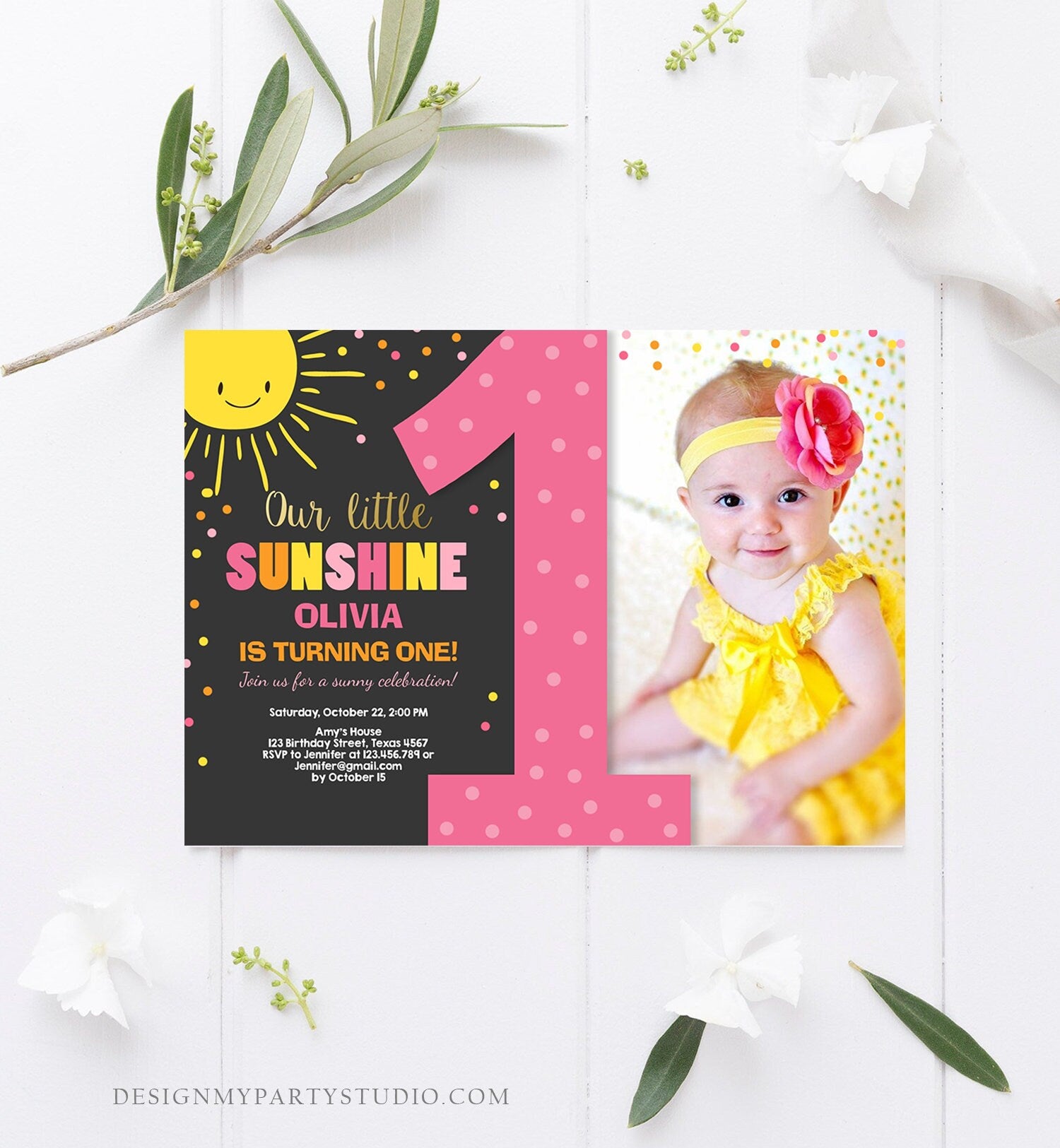 Editable Our Little Sunshine Birthday Invitation Girl Sunshine Party First Birthday 1st Party Pink Girl Bow Download Corjl Template 0070