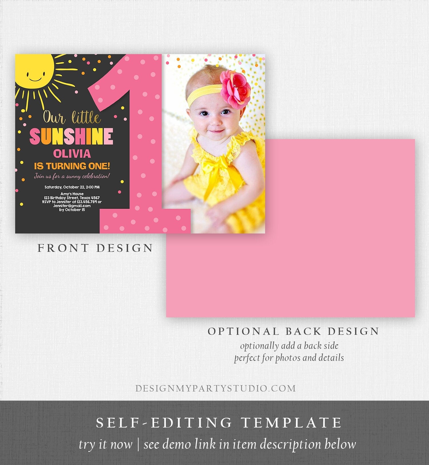 Editable Our Little Sunshine Birthday Invitation Girl Sunshine Party First Birthday 1st Party Pink Girl Bow Download Corjl Template 0070