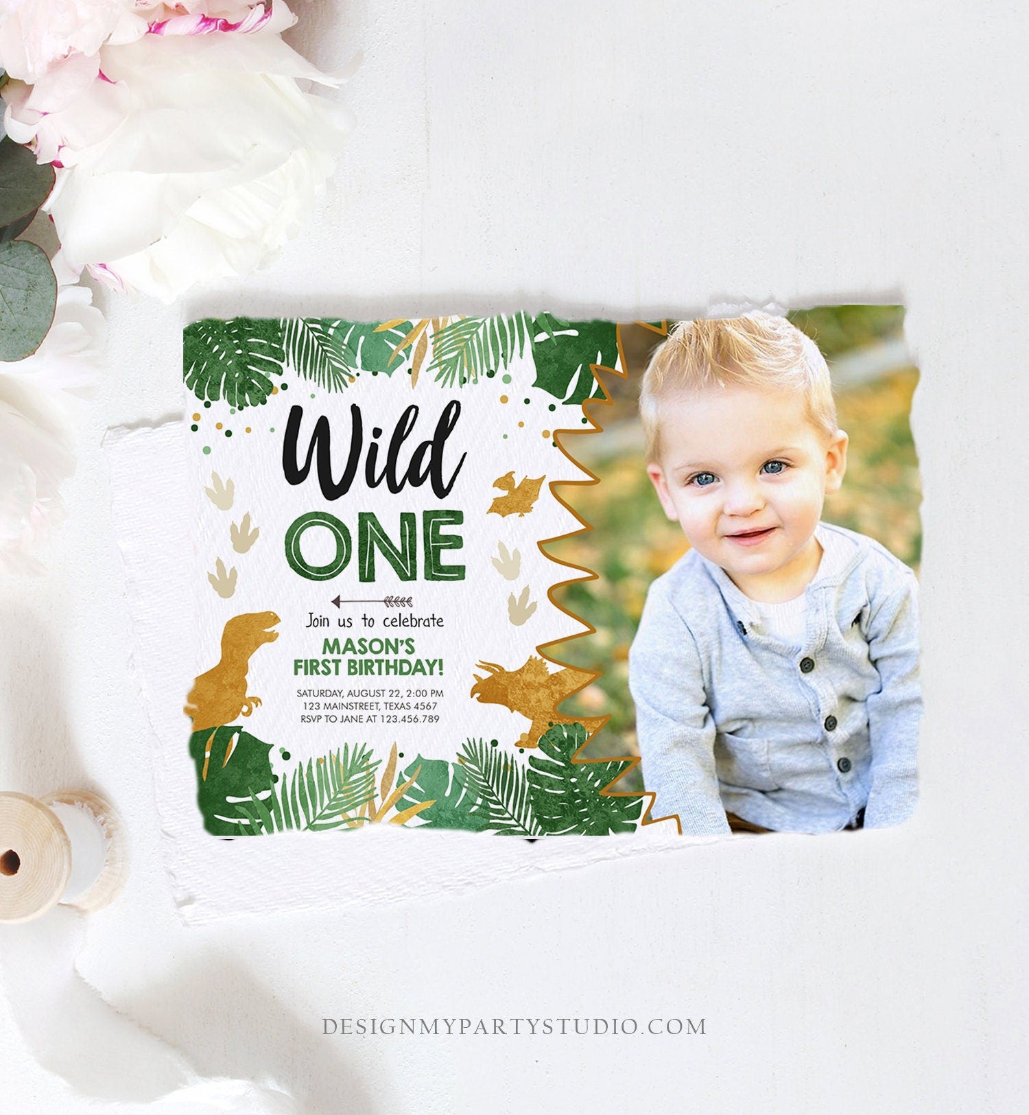 Editable Wild One Dinosaur Birthday Invitation Dino Party Boy 1st First Birthday Green Gold Born to be Wild Corjl Template Printable 0146