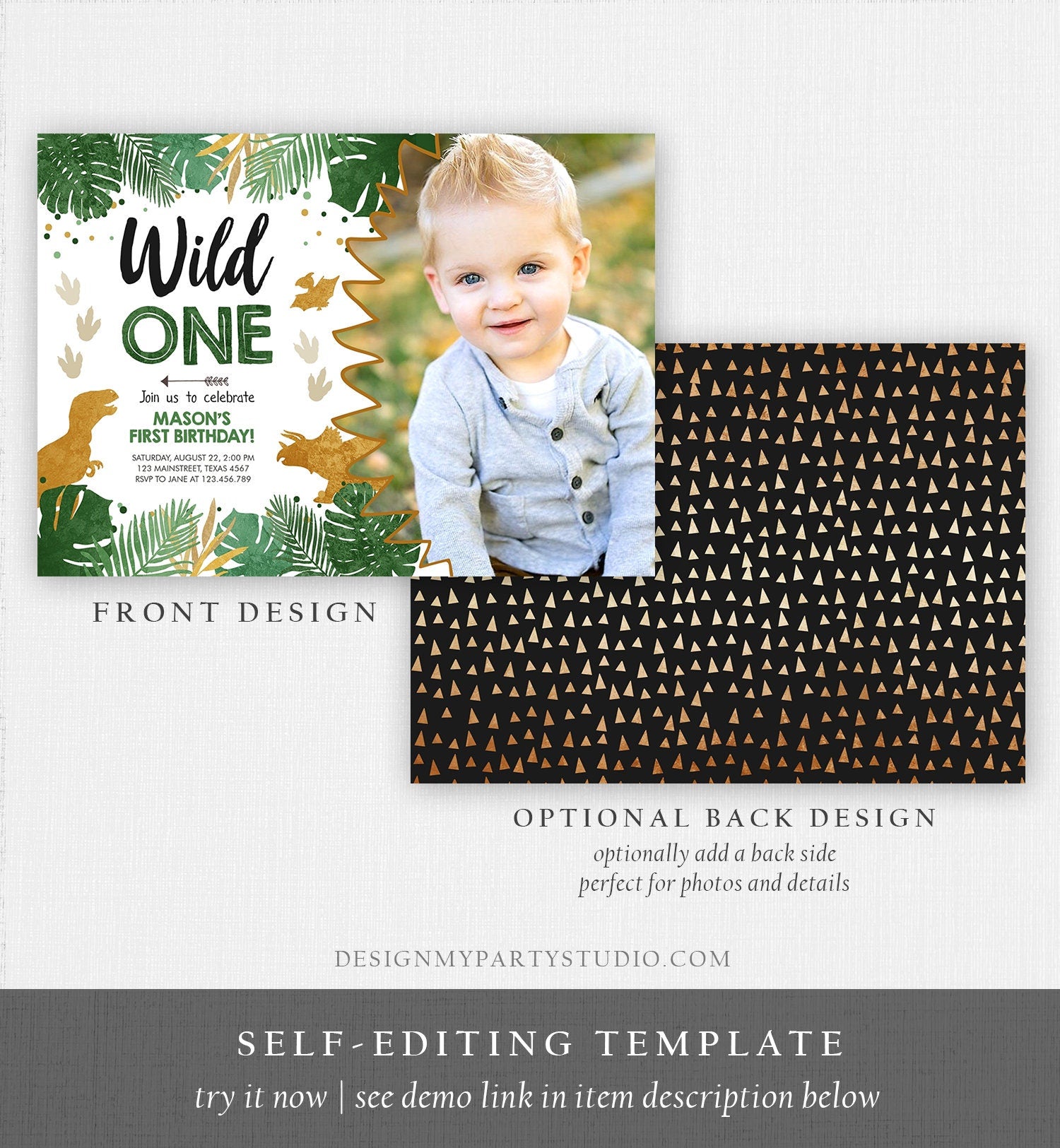 Editable Wild One Dinosaur Birthday Invitation Dino Party Boy 1st First Birthday Green Gold Born to be Wild Corjl Template Printable 0146