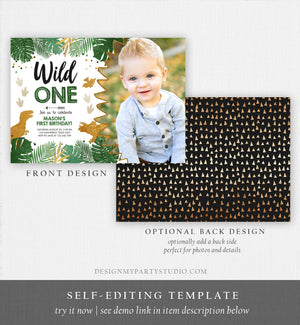 Editable Wild One Birthday Invitation Dinosaur Dino Party Boy 1st First Birthday Green Gold Born to be Wild Corjl Template Printable 0146