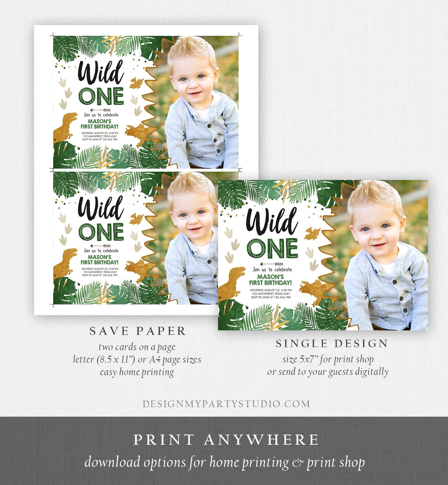 Editable Wild One Dinosaur Birthday Invitation Dino Party Boy 1st First Birthday Green Gold Born to be Wild Corjl Template Printable 0146