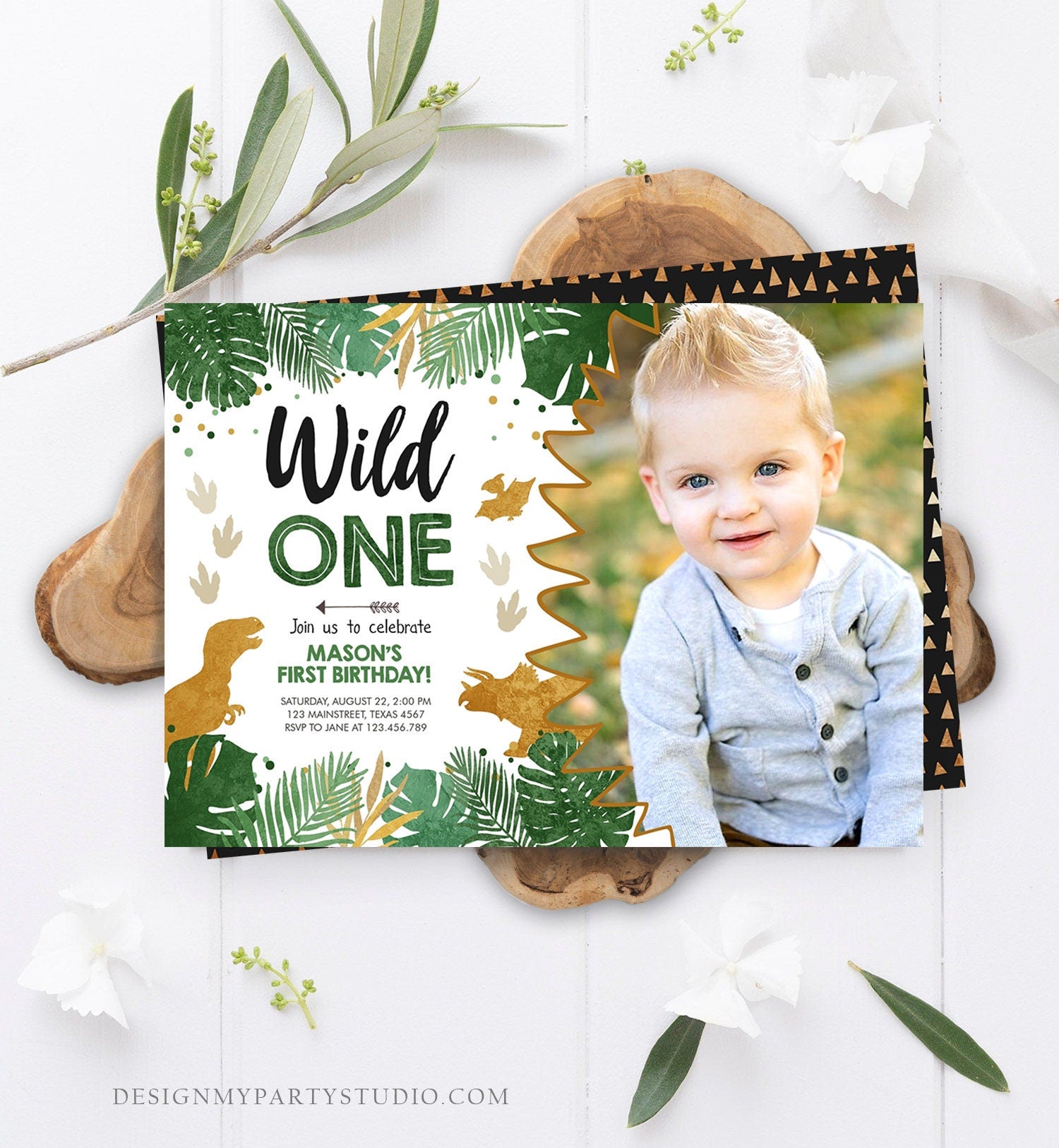 Editable Wild One Dinosaur Birthday Invitation Dino Party Boy 1st First Birthday Green Gold Born to be Wild Corjl Template Printable 0146