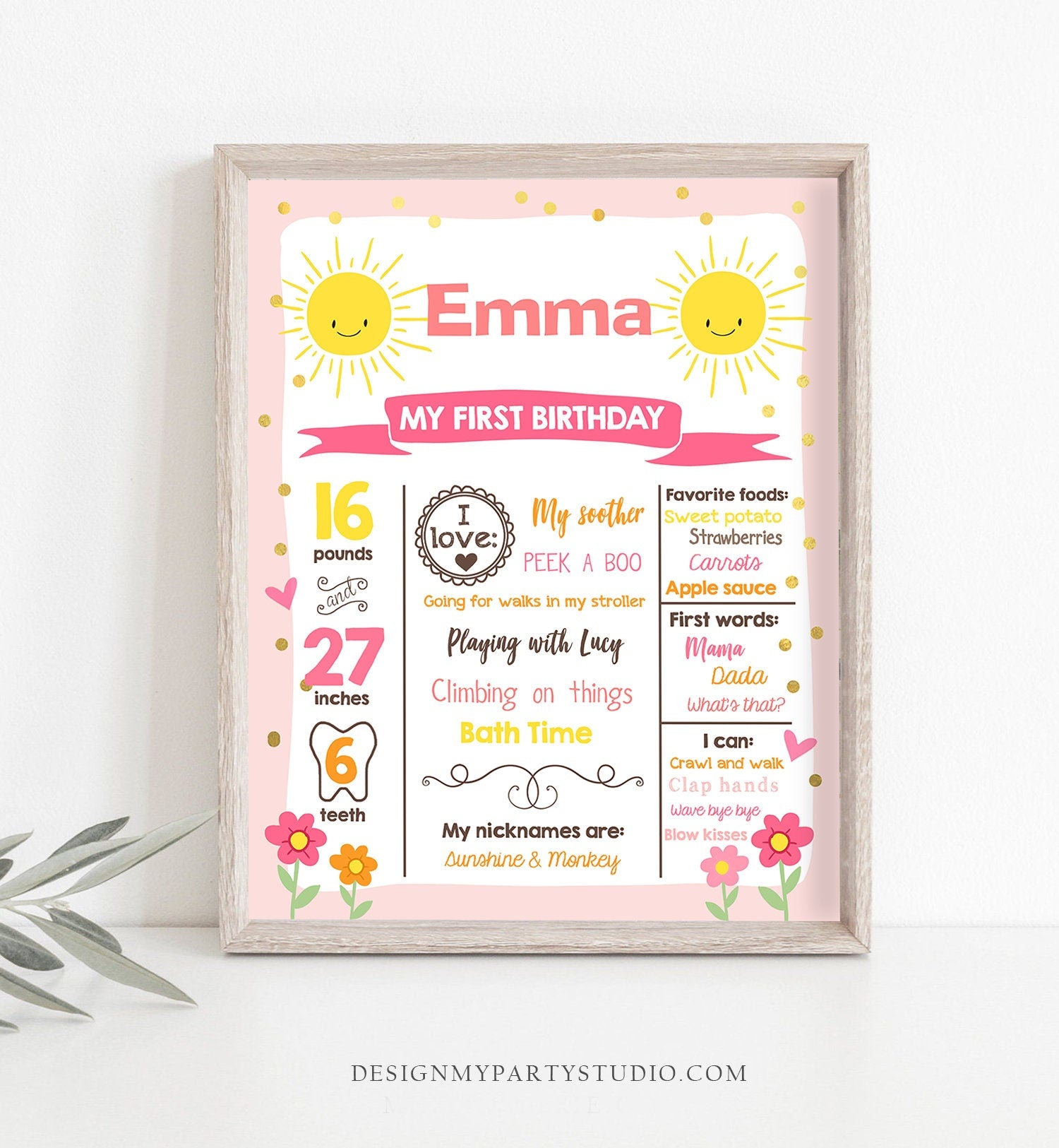 Editable Little Sunshine Birthday Milestones Sign Summer First Birthday 1st Birthday Girl Pink Download Template Printable Corjl 0070