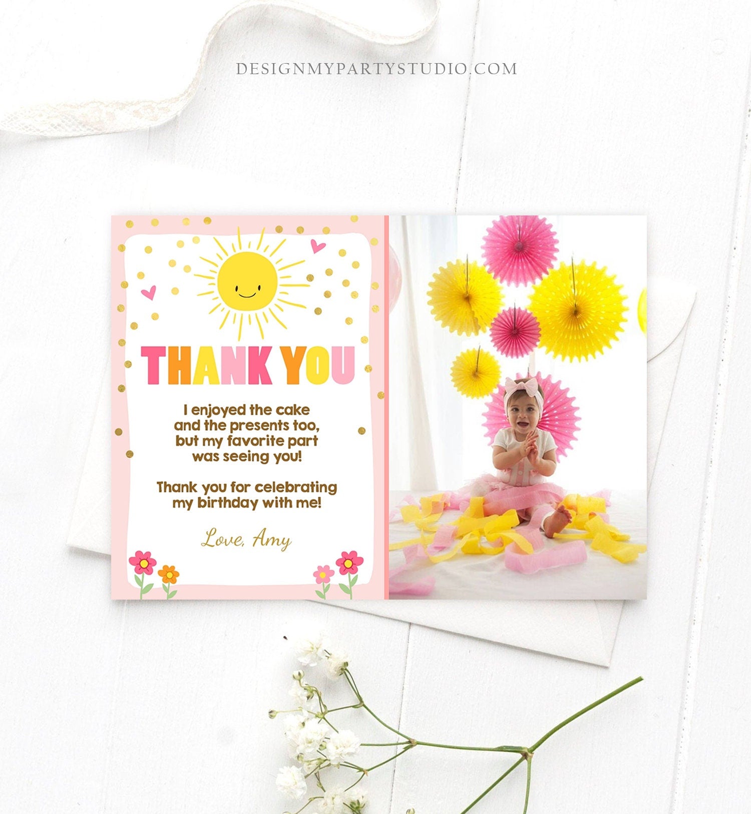 Editable Sunshine Thank you Card Sunshine Lemonade Birthday Summer Sun Pink Thank You Card Birthday Template Instant Download Corjl 0070