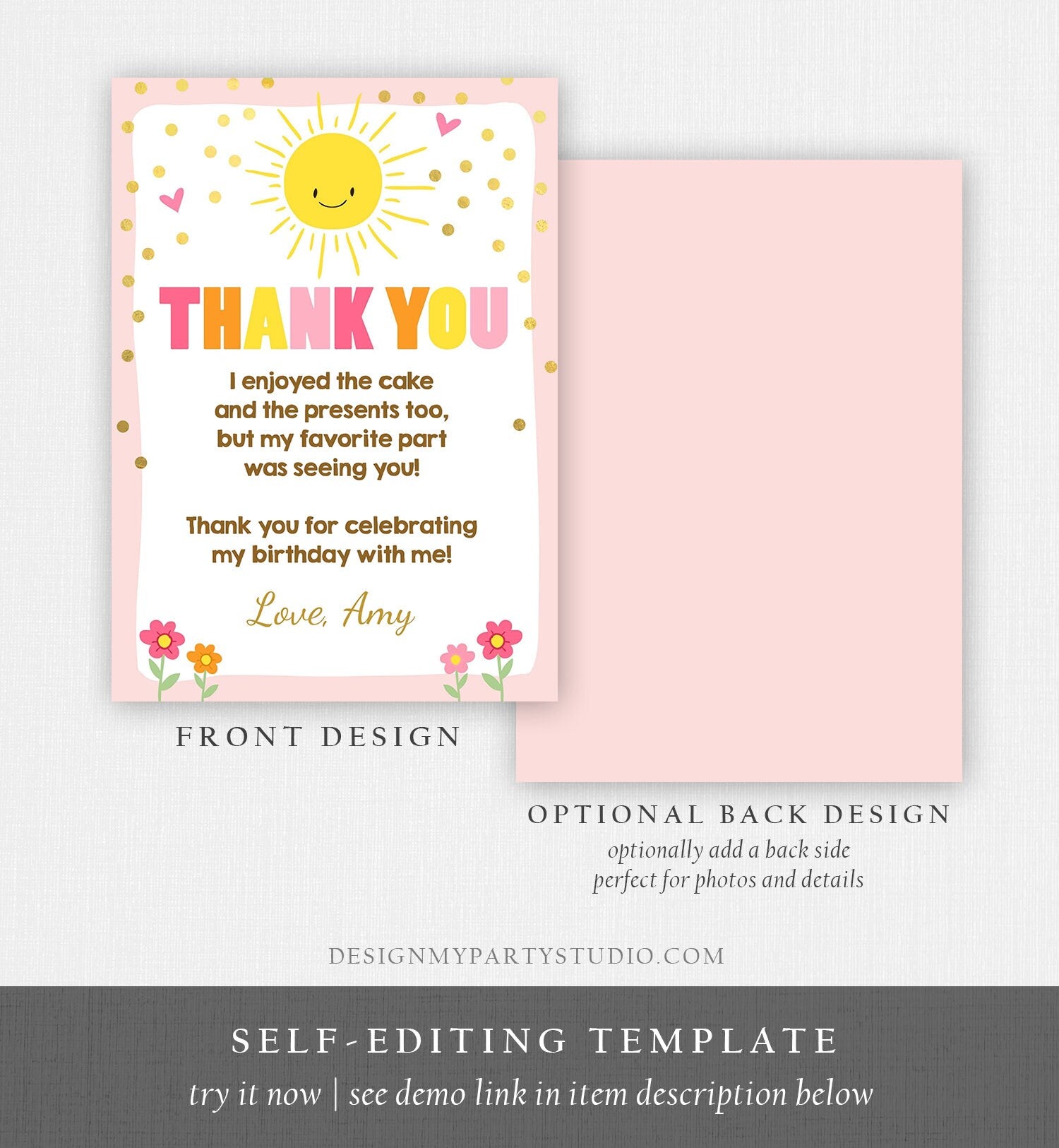 Editable Sunshine Thank you Card Sunshine Lemonade Birthday Summer Sun Pink Thank You Card Birthday Template Instant Download Corjl 0070