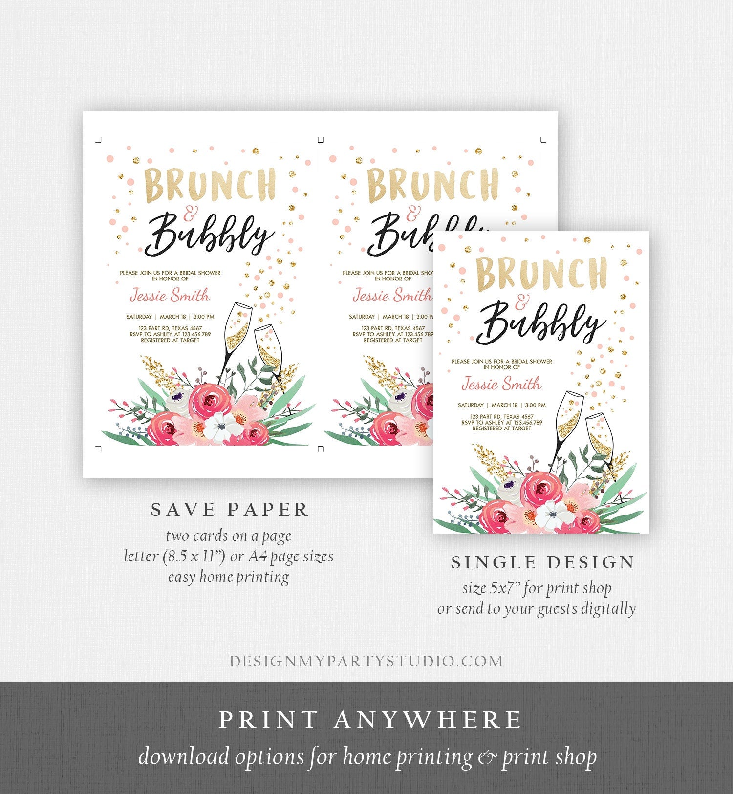 Editable Brunch and Bubbly Bridal Shower Invitation Floral Champagne Gold Pink Wedding Download Printable Template Digital Corjl 0318