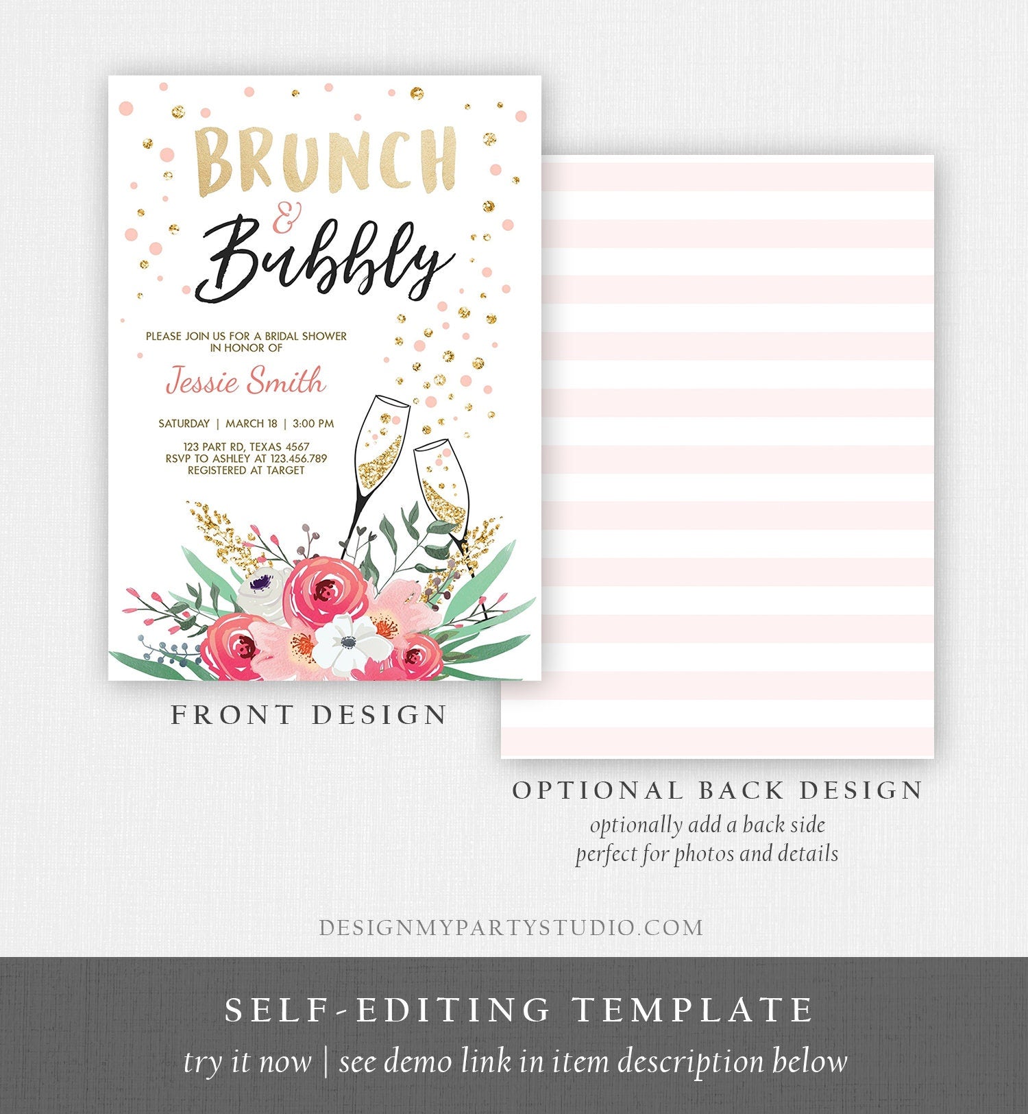 Editable Brunch and Bubbly Bridal Shower Invitation Floral Champagne Gold Pink Wedding Download Printable Template Digital Corjl 0318