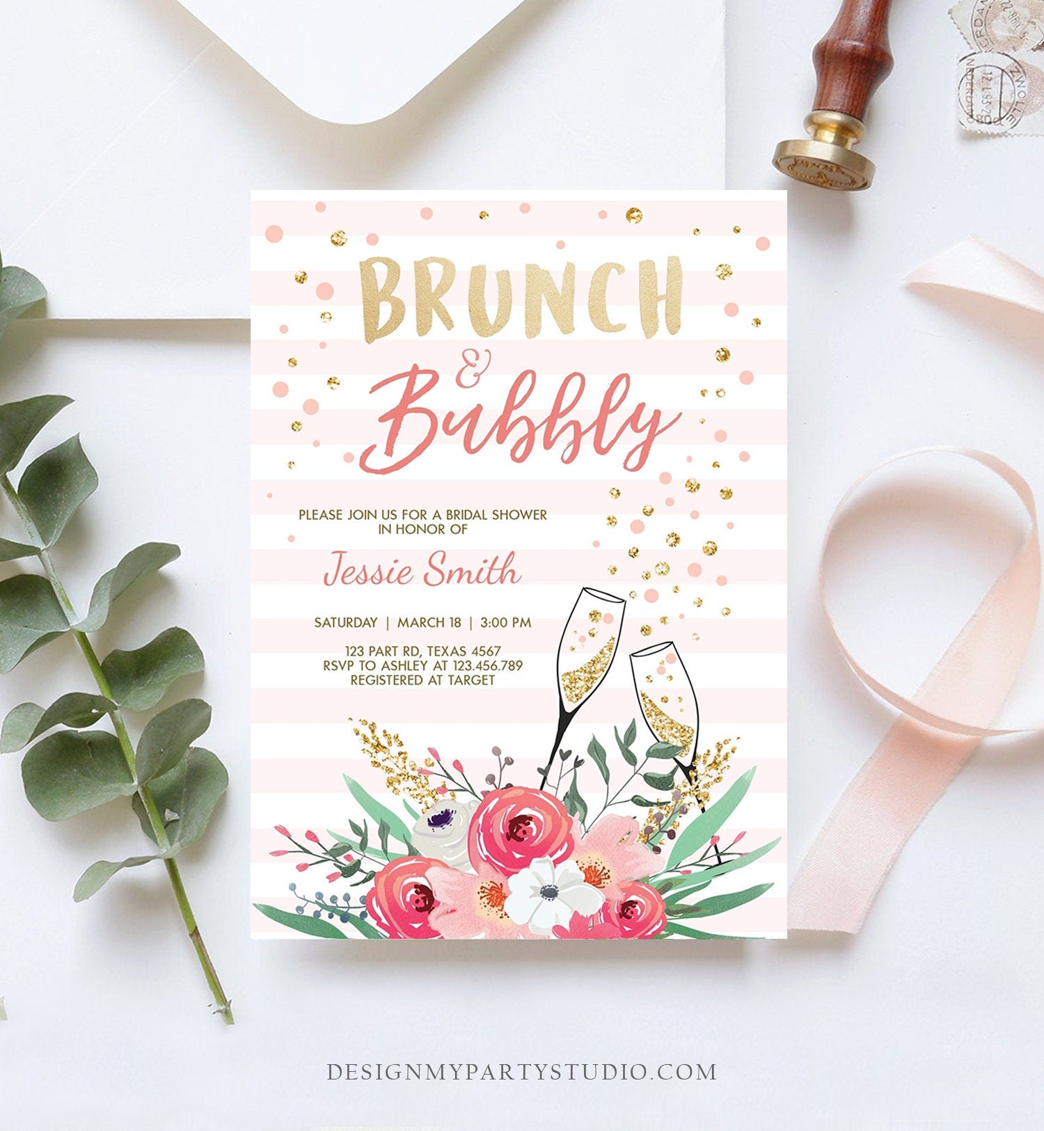 Editable Brunch and Bubbly Bridal Shower Invitation Floral Champagne Gold Pink Wedding Download Printable Template Digital Corjl 0318