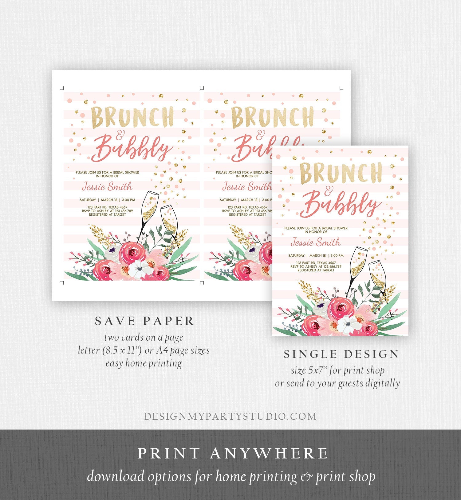 Editable Brunch and Bubbly Bridal Shower Invitation Floral Champagne Gold Pink Wedding Download Printable Template Digital Corjl 0318