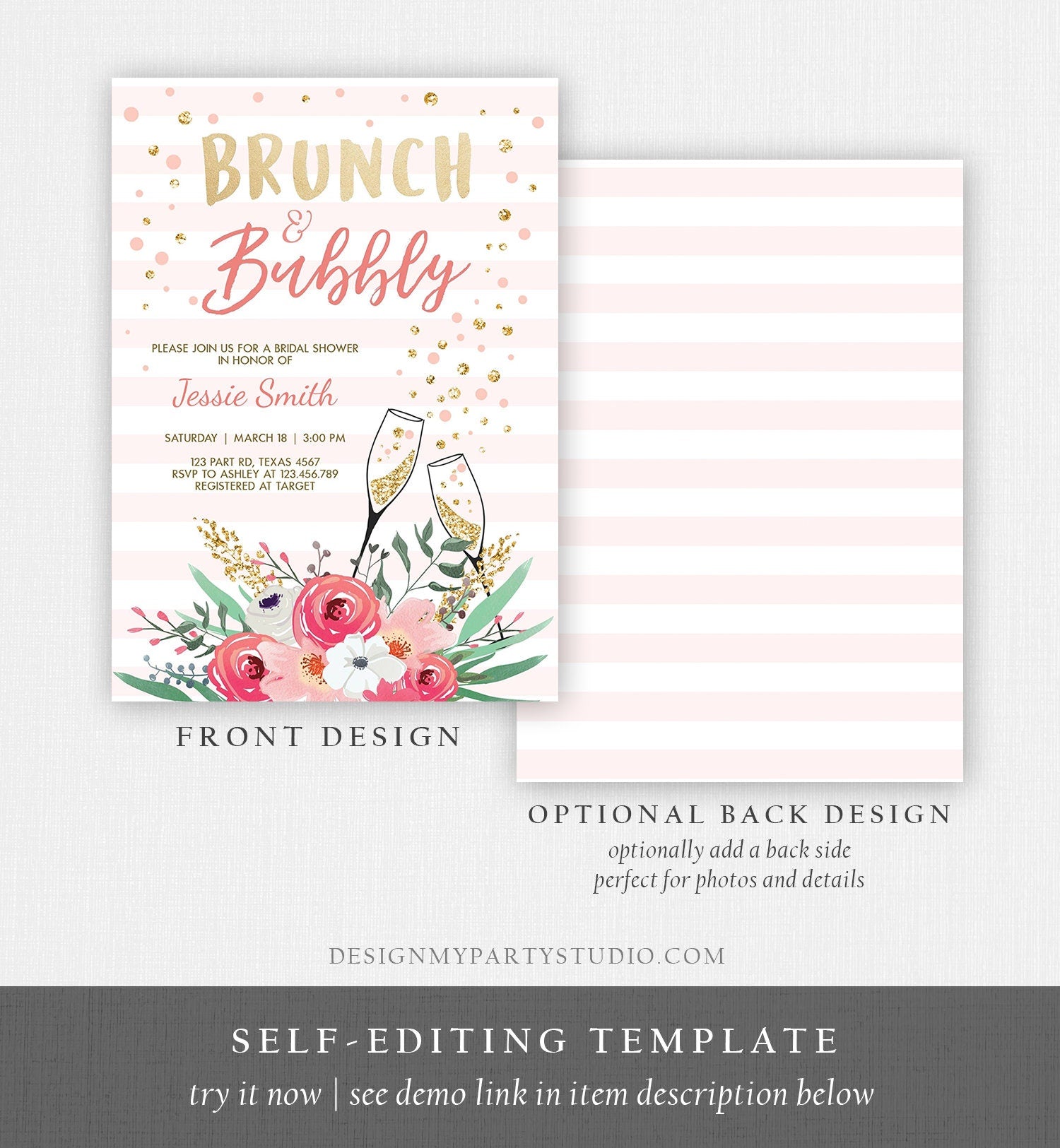 Editable Brunch and Bubbly Bridal Shower Invitation Floral Champagne Gold Pink Wedding Download Printable Template Digital Corjl 0318