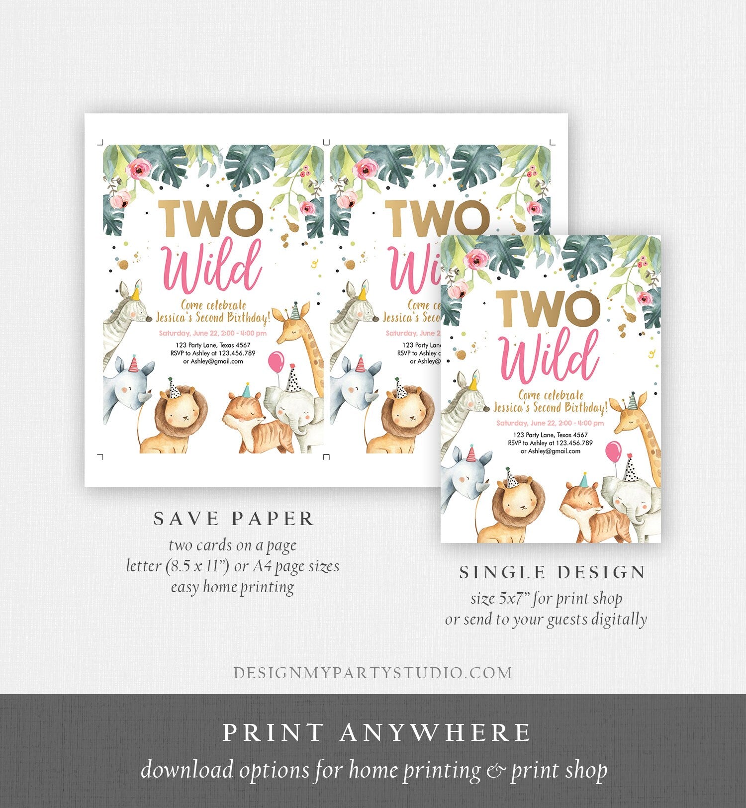 Editable Two Wild Birthday Invitation Safari Animals Girl Second 2nd Birthday Party Animals Digital Download Corjl Template Printable 0163