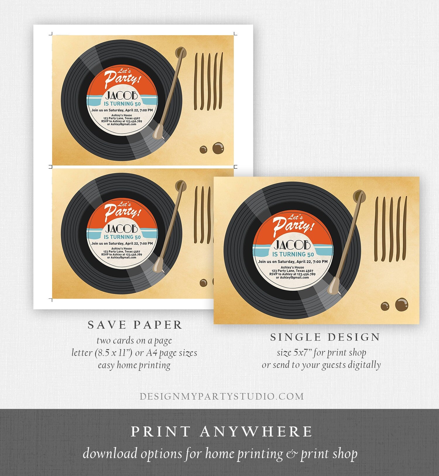 Editable Adult Birthday Invitation Vintage Vinyl Record Invite Oldies Retro Music Surprise Birthday Download Corjl Template Printable 0294