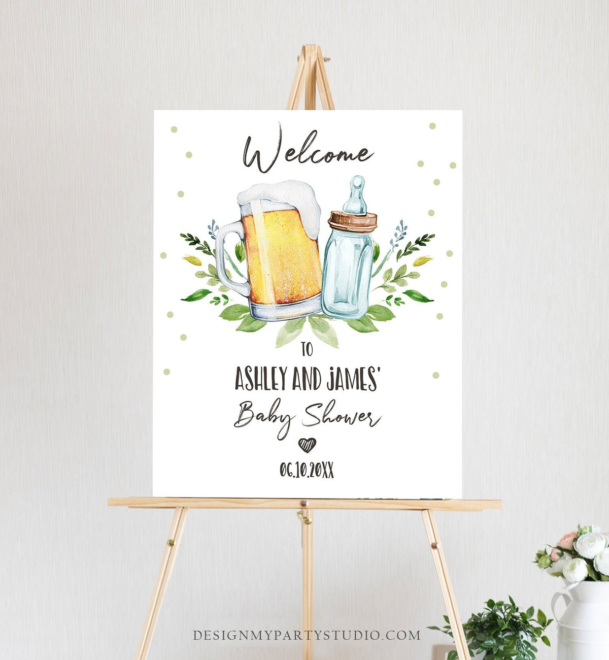 Editable A Baby is Brewing Welcome Sign Brewing Baby Shower Bottle and Beers Cheers Coed Couples Shower Gender Neutral Corjl Template 0190