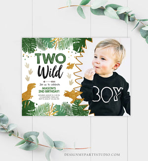 Editable Two Wild Birthday Invitation Dinosaur Dino Party Boy 2nd Second Birthday Green Gold In Two the Wild Corjl Template Printable 0146