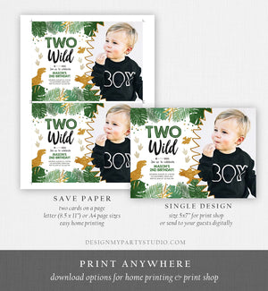 Editable Two Wild Birthday Invitation Dinosaur Dino Party Boy 2nd Second Birthday Green Gold In Two the Wild Corjl Template Printable 0146