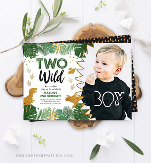 Editable Two Wild Birthday Invitation Dinosaur Dino Party Boy 2nd Second Birthday Green Gold In Two the Wild Corjl Template Printable 0146