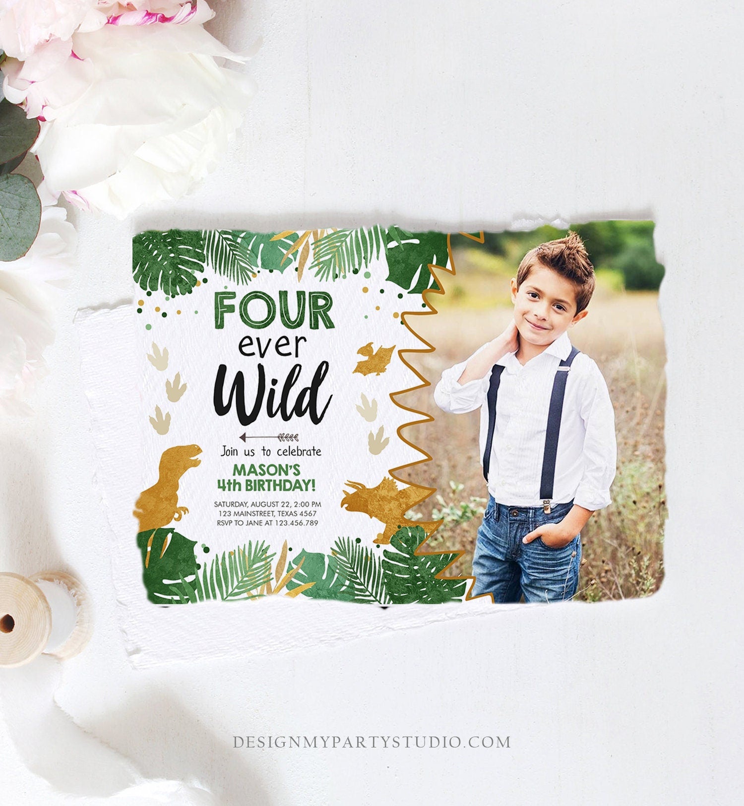 Editable Four Ever Wild Birthday Invitation Dinosaur Dino Party Boy 4th Fourth Birthday Green Gold Fourever Corjl Template Printable 0146