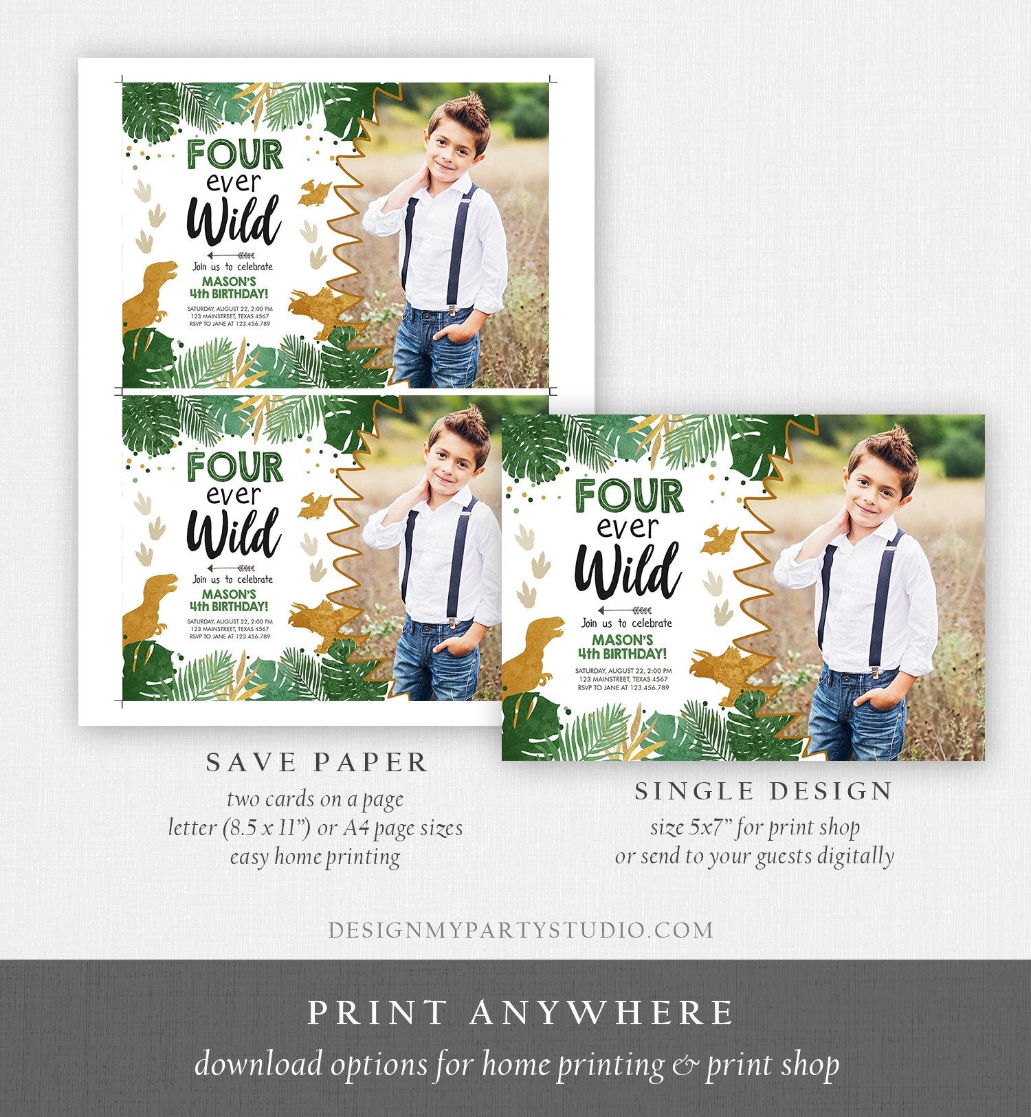 Editable Four Ever Wild Birthday Invitation Dinosaur Dino Party Boy 4th Fourth Birthday Green Gold Fourever Corjl Template Printable 0146