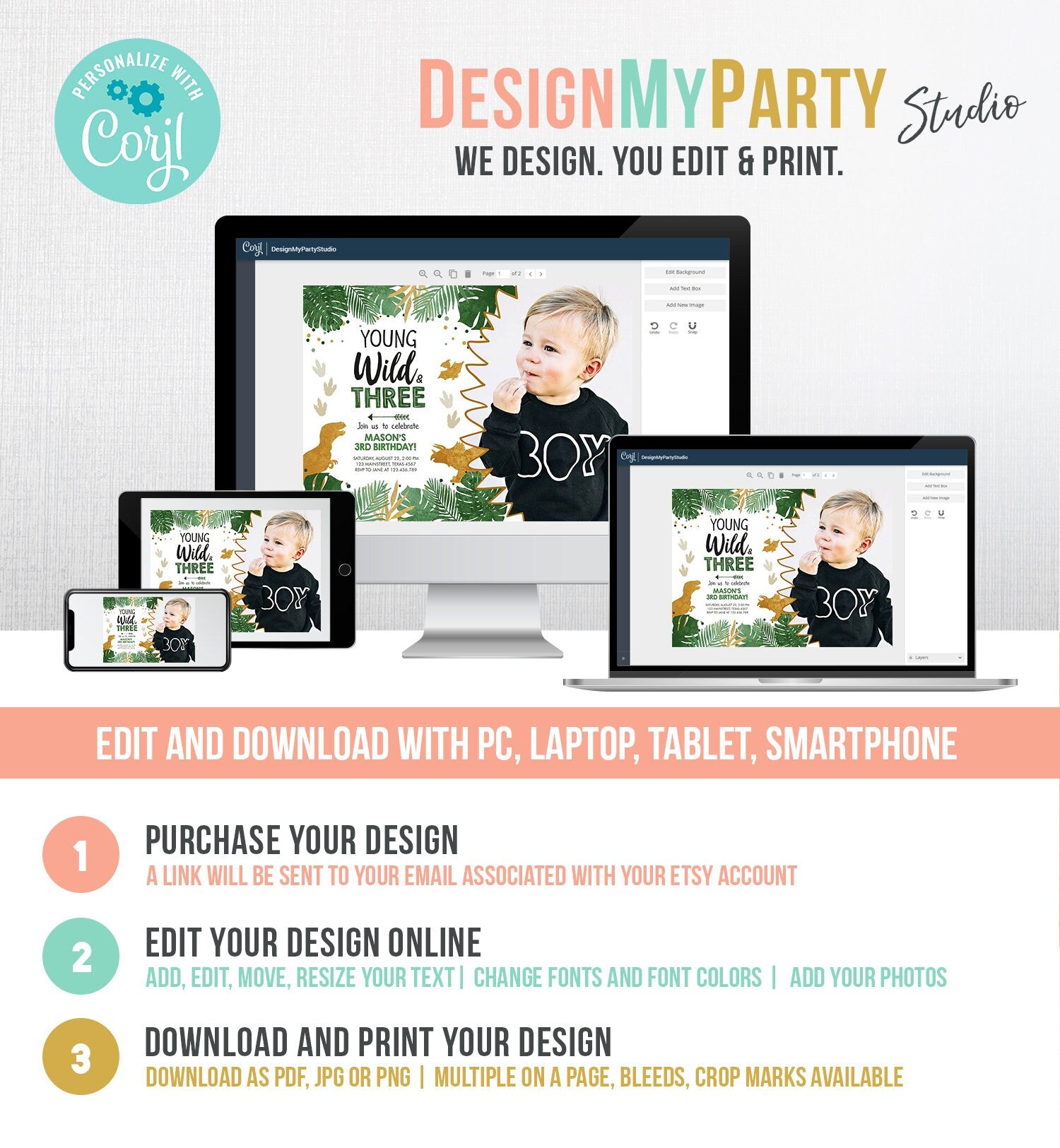 Editable Young Wild and Three Birthday Invitation Dinosaur Dino Party Boy 3rd Third Birthday Green Gold Black Corjl Template Printable 0146