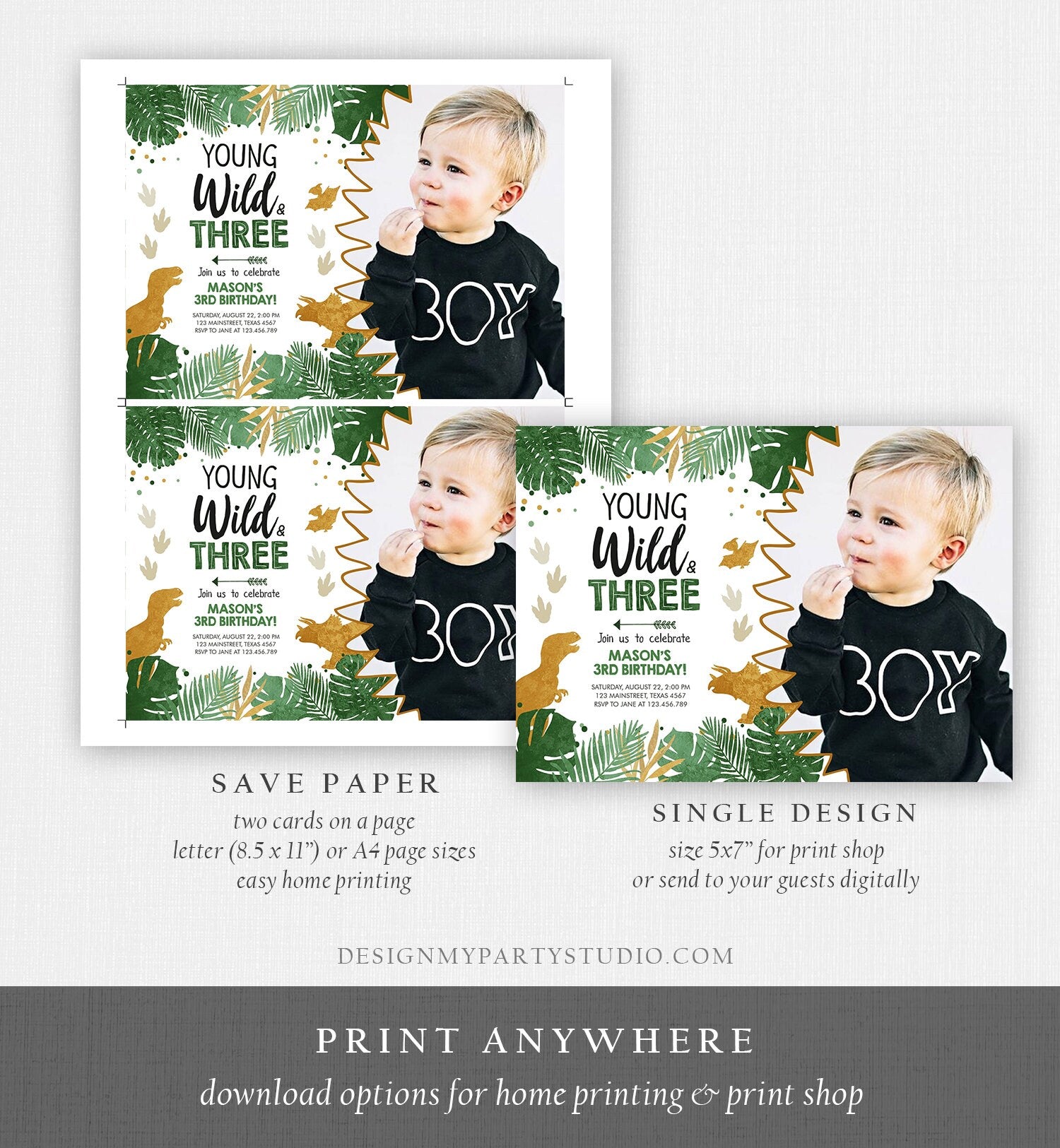 Editable Young Wild and Three Birthday Invitation Dinosaur Dino Party Boy 3rd Third Birthday Green Gold Black Corjl Template Printable 0146