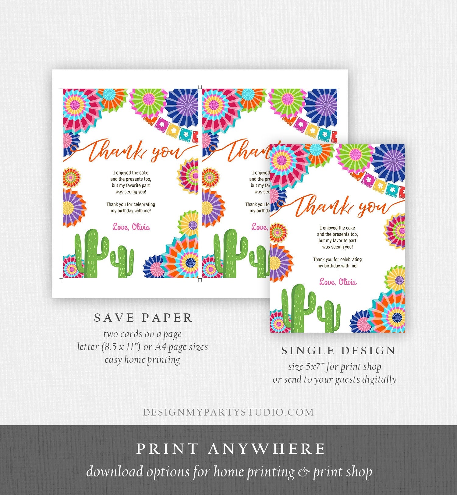 Editable Fiesta Birthday Thank You Card Insert Let's Fiesta Mexican Cactus Thank You Note Download Digital Corjl Template Printable 0236