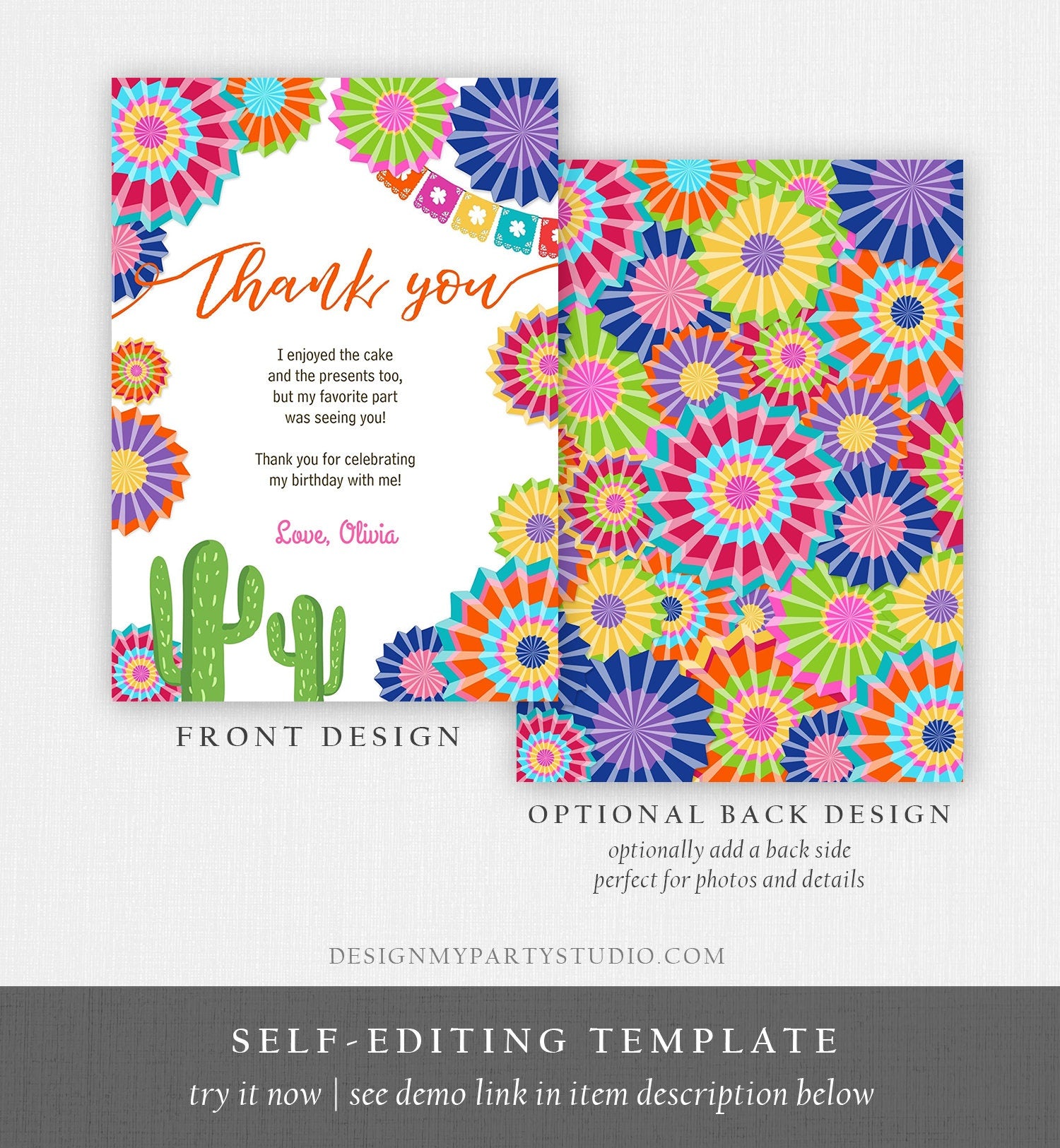 Editable Fiesta Birthday Thank You Card Insert Let's Fiesta Mexican Cactus Thank You Note Download Digital Corjl Template Printable 0236