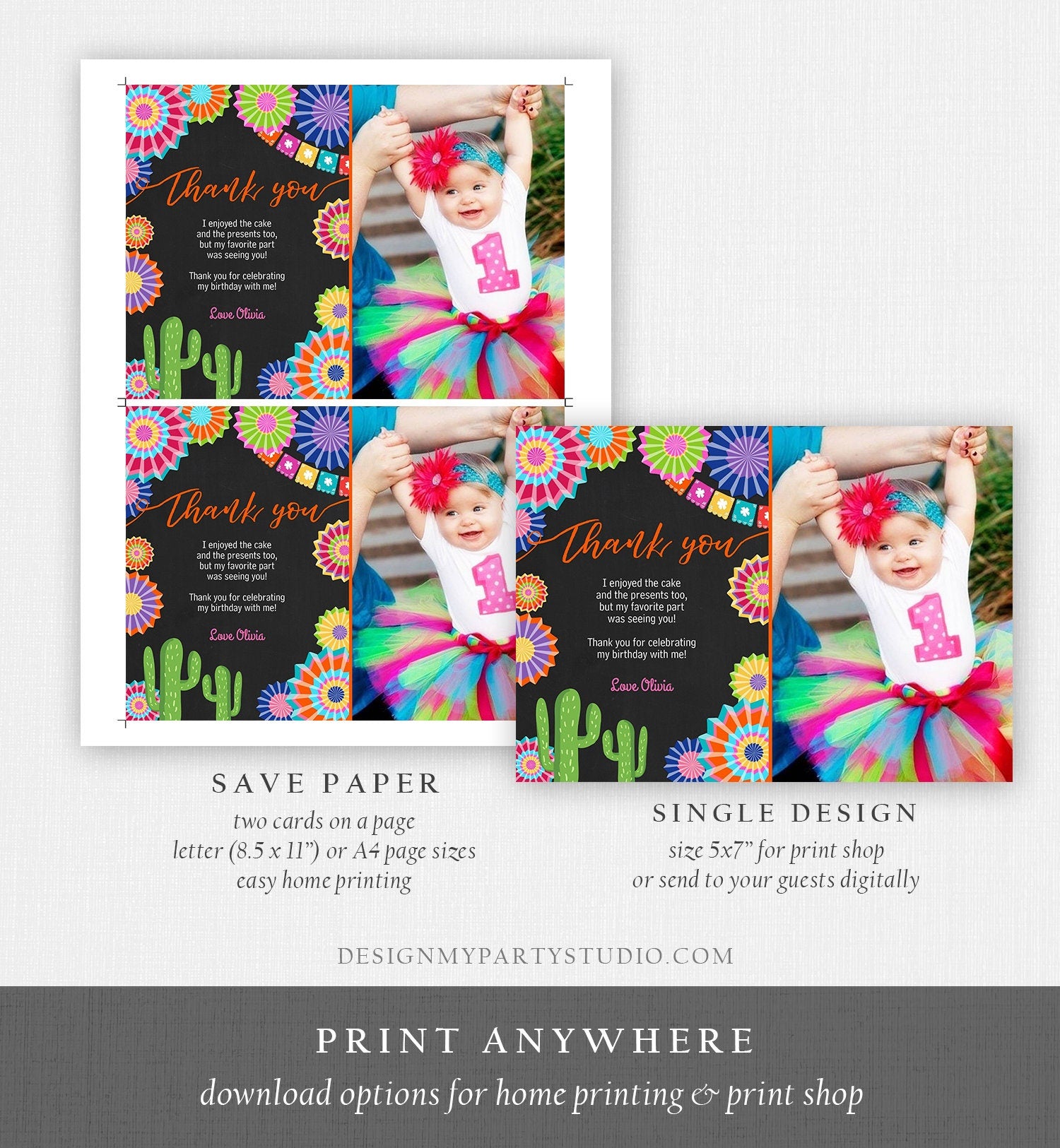 Editable Fiesta Birthday Thank You Card Insert Let's Fiesta Mexican Cactus Thank You Note Download Digital Corjl Template Printable 0236