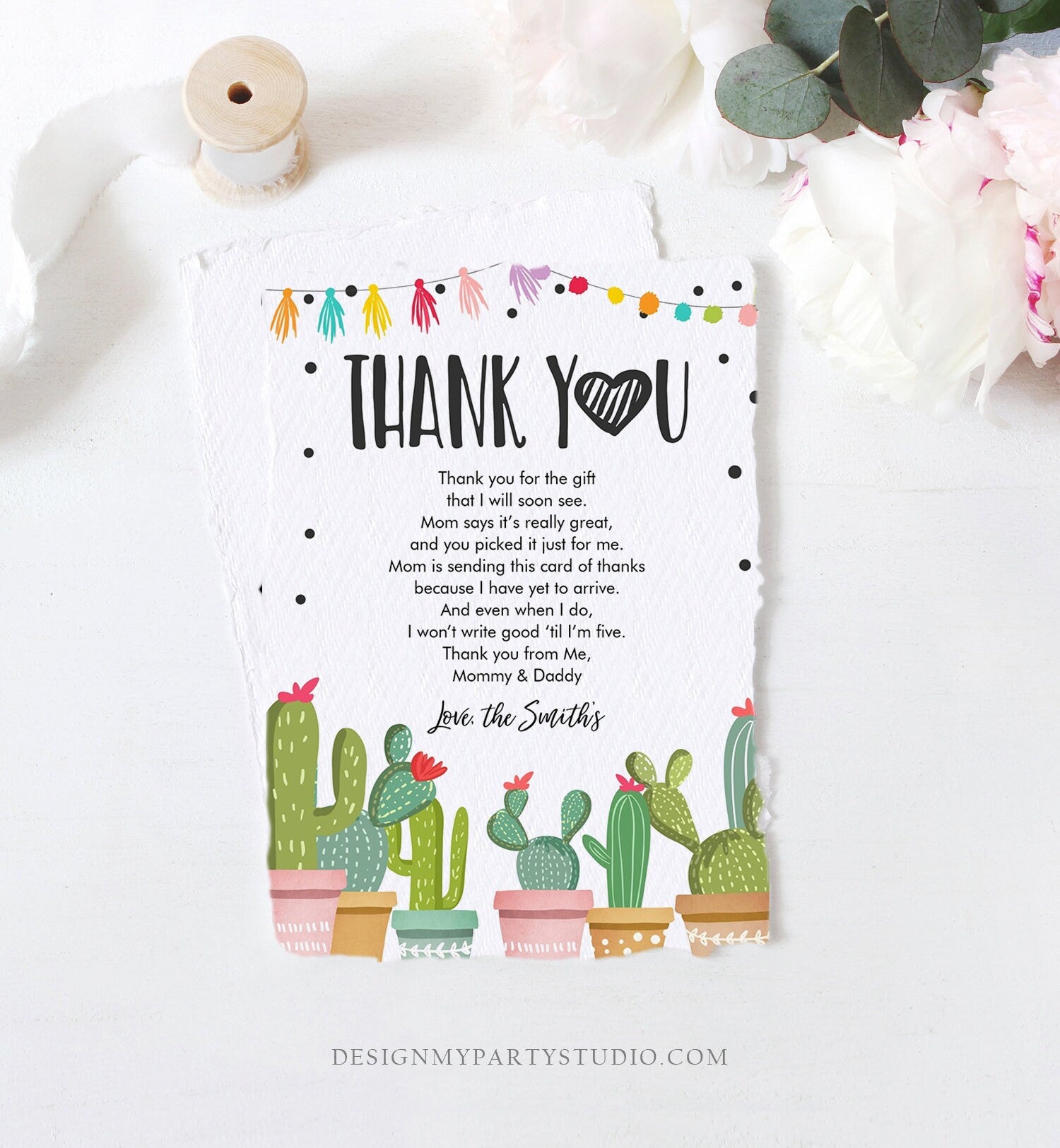 Editable Cactus Fiesta Thank You Card Baby Shower Sprinkle Birthday Thank You Insert Mexican Digital Download Template Printable 0254