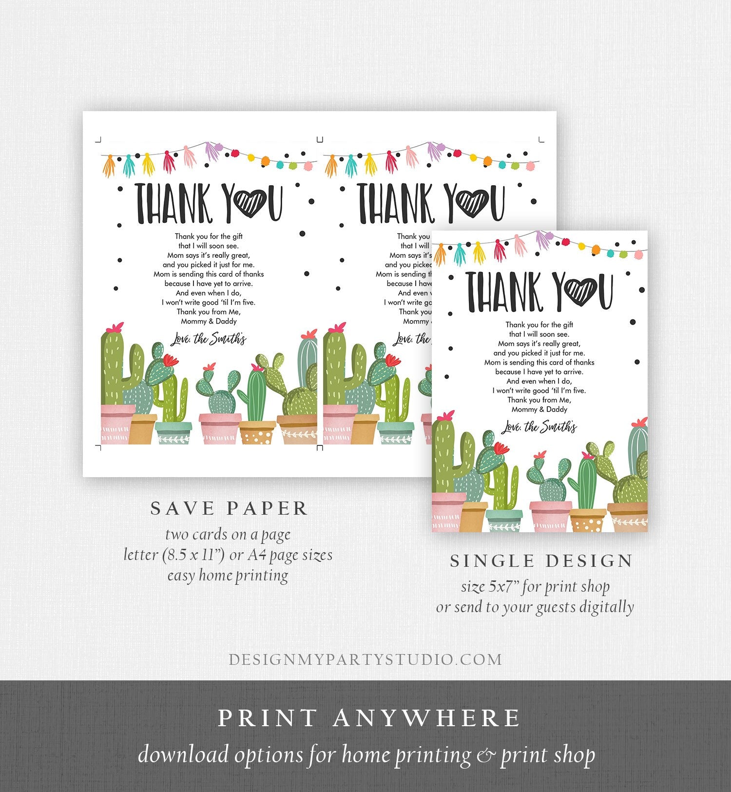 Editable Cactus Fiesta Thank You Card Baby Shower Sprinkle Birthday Thank You Insert Mexican Digital Download Template Printable 0254