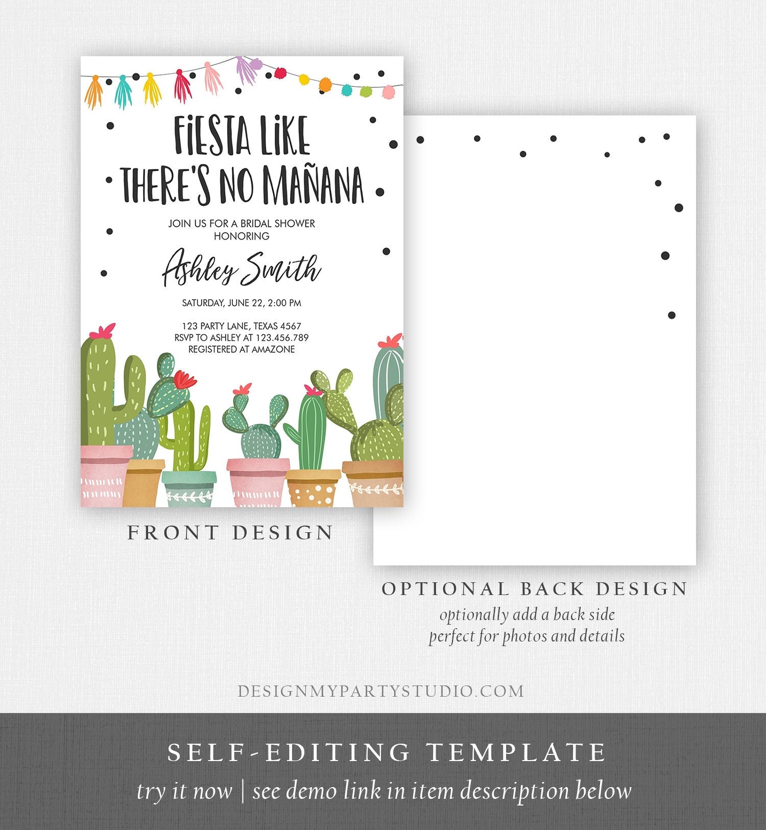 Editable Fiesta Like There's No Manana Bridal Shower Invitation Mexican Cactus Succulent Digital Download Corjl Template Printable 0254