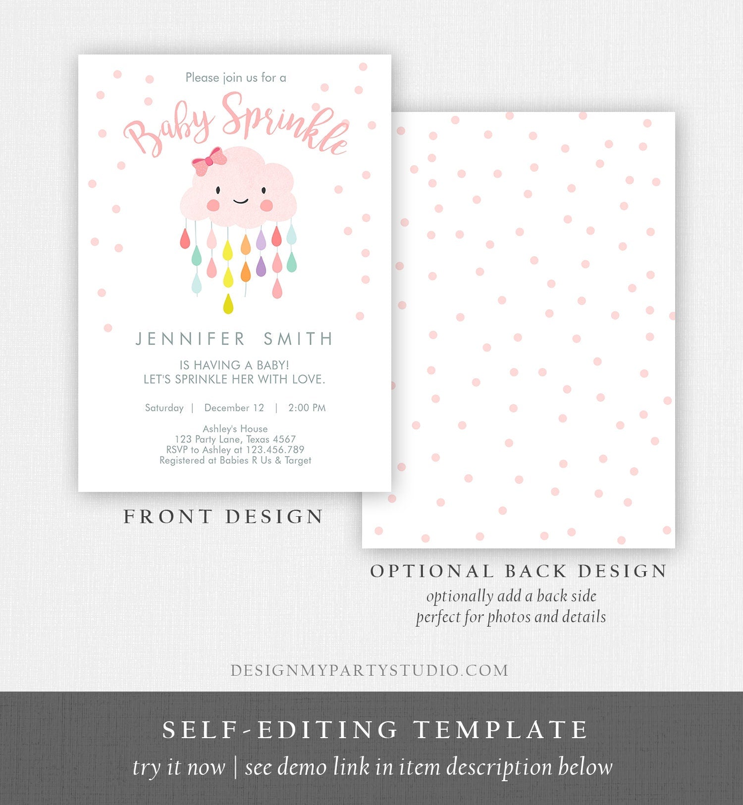 Editable Cloud Baby Sprinkle Invitation Raindrop Sprinkle with Love Rain Drops Pink Girl Download Printable Corjl Template Digital 0036