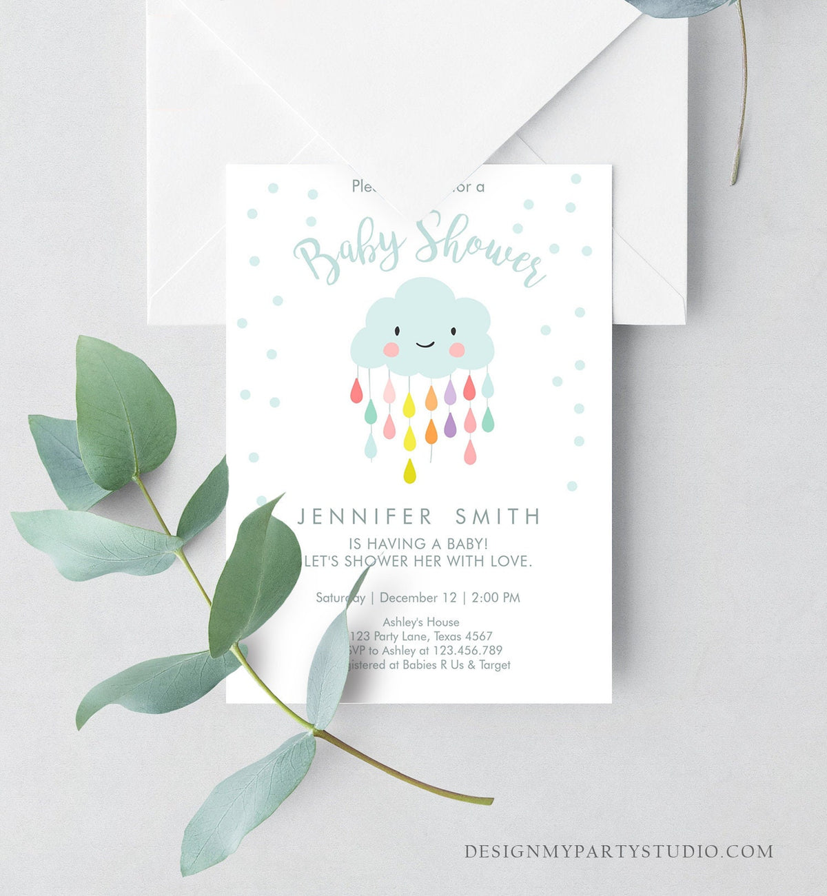 Editable Cloud Baby Shower Invitation Raindrop Shower with Love Rain drops Neutral Instant Download Printable Template Corjl Digital 0036