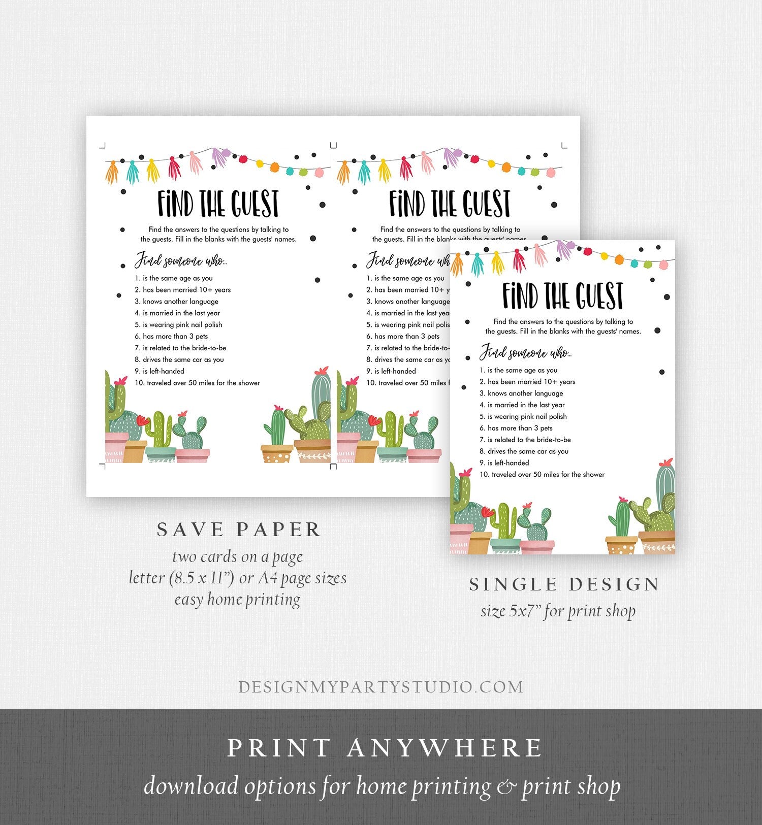 Editable Find the Guest Bridal Shower Game Cactus Fiesta Mexican Coed Shower Games Succulent Wedding Activity Corjl Template Printable 0254