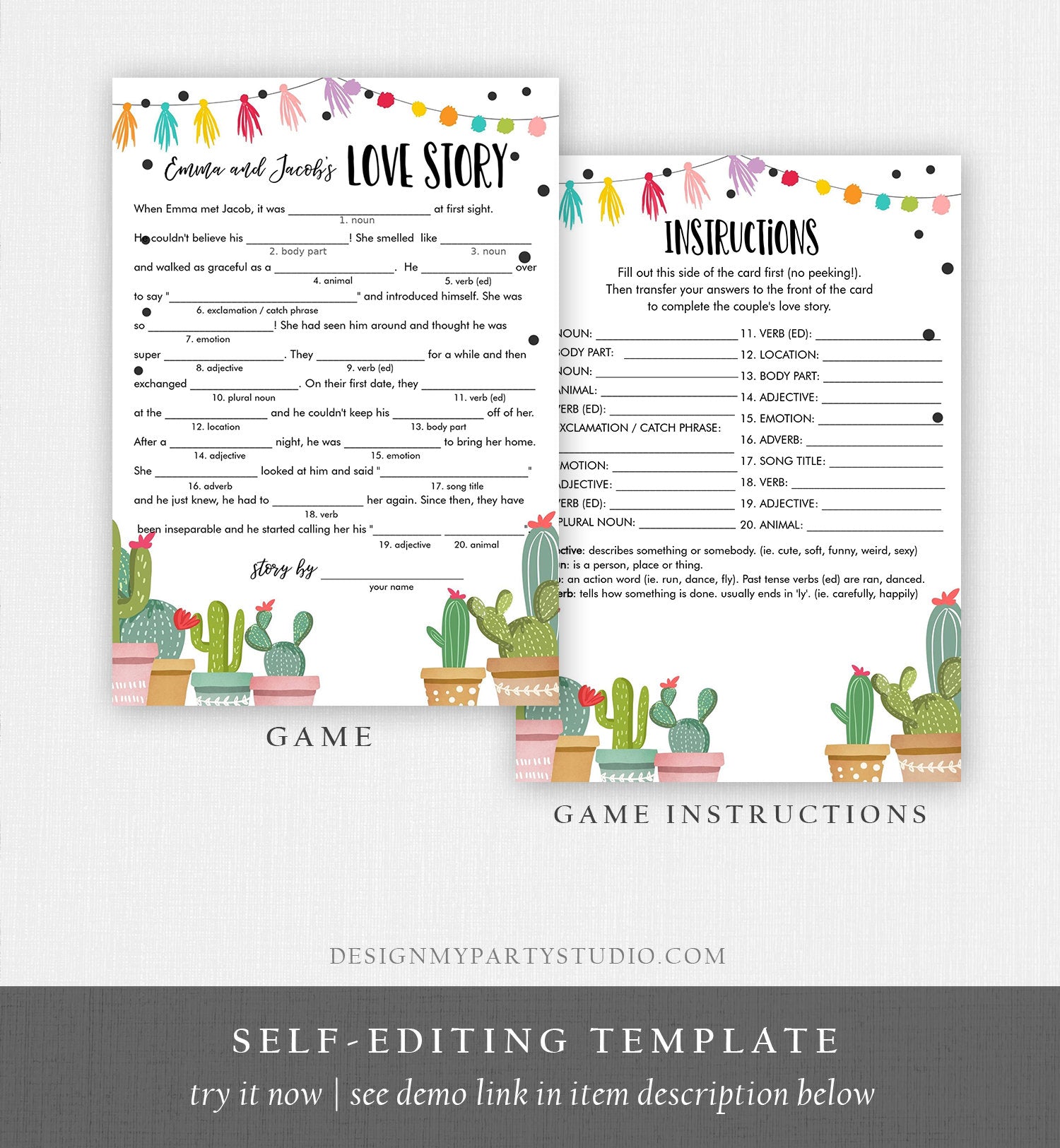 Editable Love Story Bridal Shower Game Funny Cactus Fiesta Mexican Coed Shower Succulent Wedding Activity Corjl Template Printable 0254