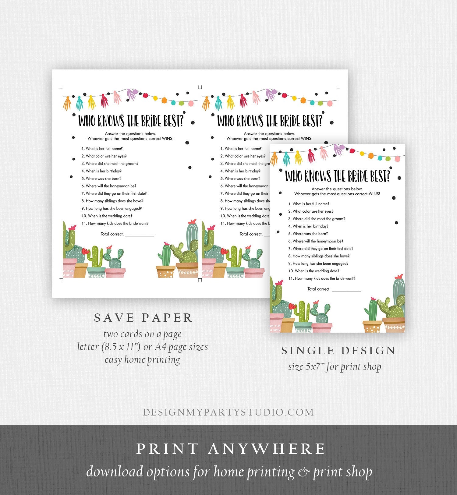 Editable Who Knows the Bride Best Bridal Shower Game Cactus Fiesta Mexican Coed Shower Games Wedding Activity Corjl Template Printable 0254