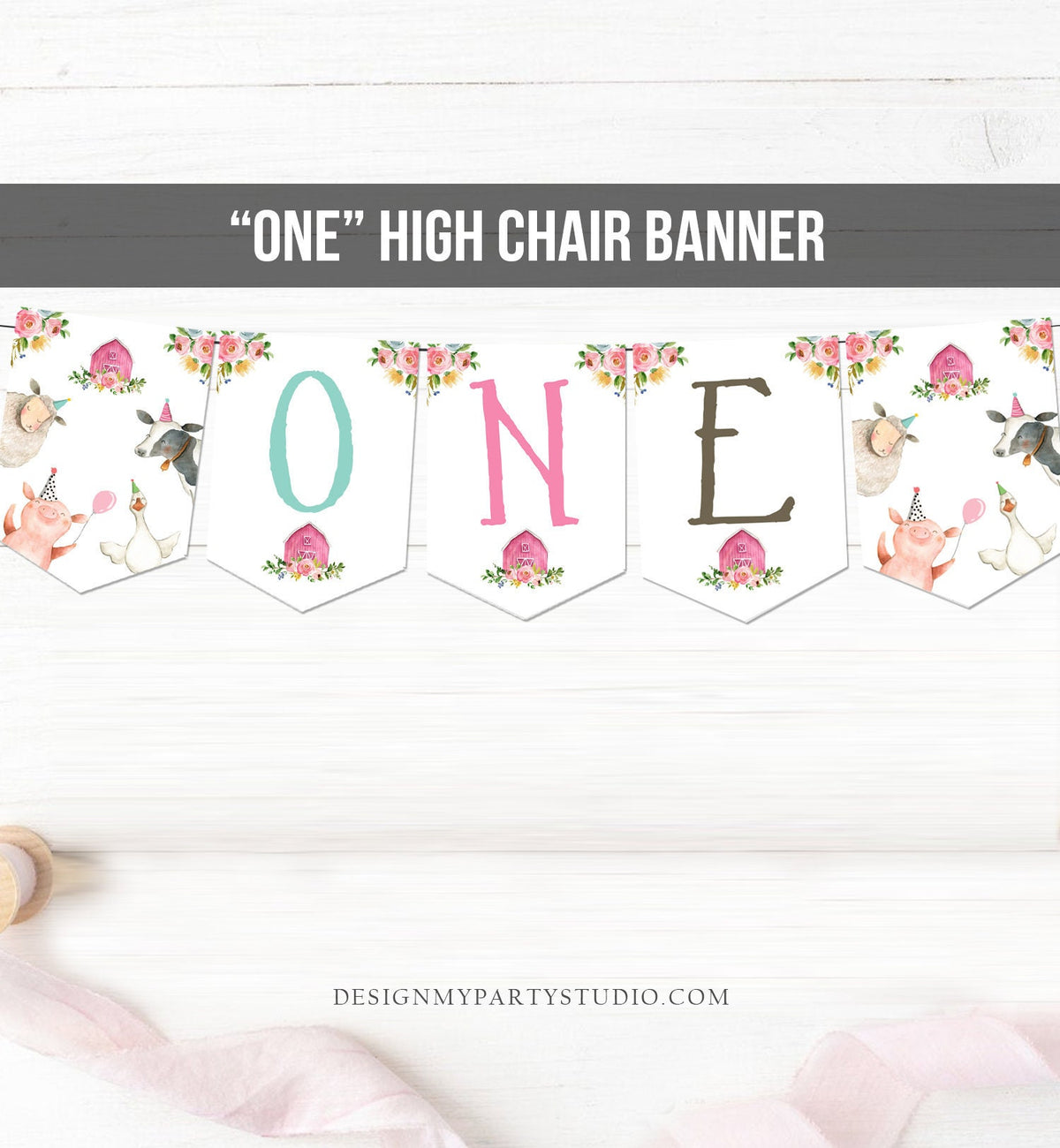 Pink Farm High Chair Banner Farm 1st Birthday Girl Pink Farm Animals High Chair Banner ONE Barnyard Party Decor PRINTABLE Digital 0155