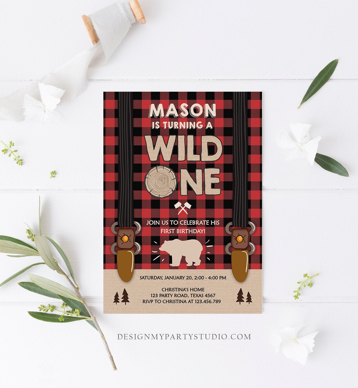 Editable Lumberjack Wild One Birthday Invitation First Birthday Forest Trees Red Plaid Outdoor Bear Boy 1st Digital Template Printable 0026