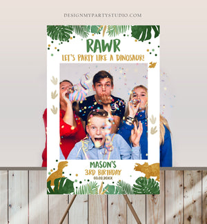 Editable Dinosaur Birthday Photo Booth Frame Boy Photo Prop Gold Green Dino Party Table Decor RAWR Corjl Template Printable 0146