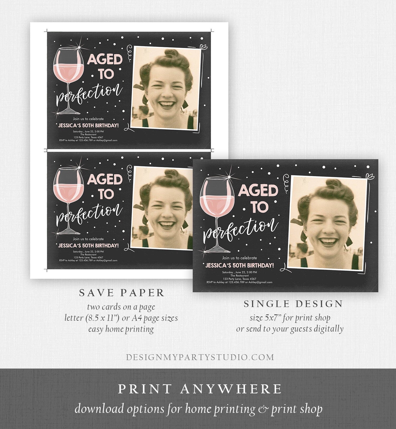 Editable Aged to Perfection Birthday Invitation Wine Adult Birthday Invite Rustic Surprise Blush Pink Download Printable Template Corjl 0252