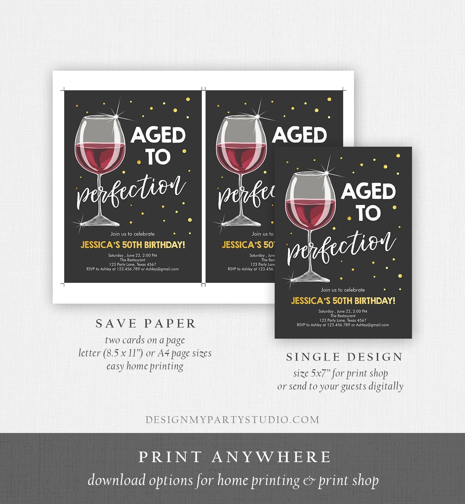 Editable Aged to Perfection Birthday Invitation Wine Adult Birthday Invite Rustic Surprise Digital Download Template Printable 0252