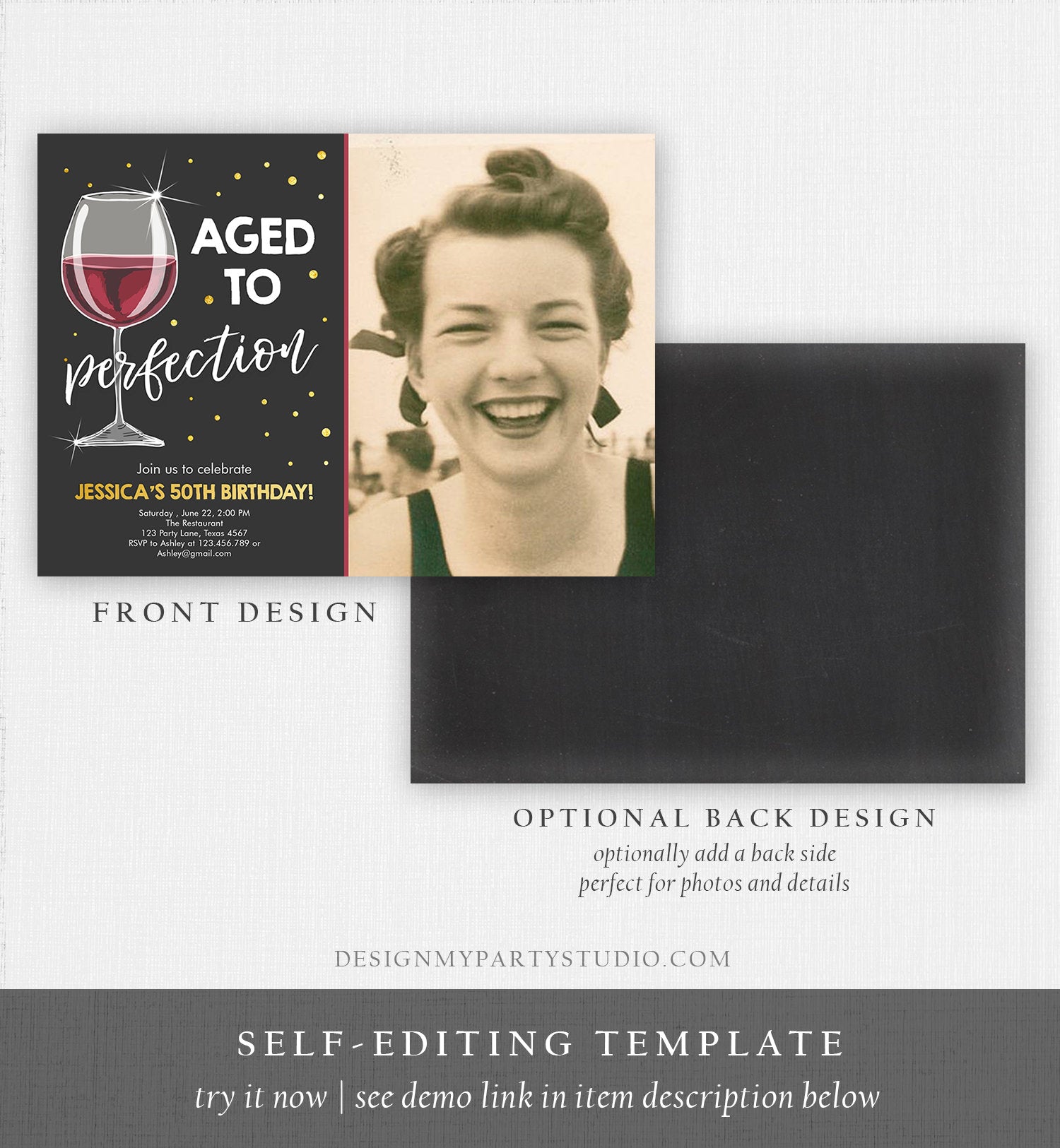 Editable Aged to Perfection Birthday Invitation Wine Adult Birthday Invite Rustic Surprise Download Printable Invitation Template Corjl 0252