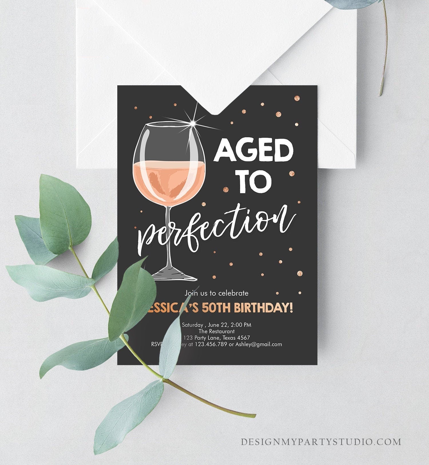 Editable Aged to Perfection Birthday Invitation Wine Adult Birthday Invite Rustic Surprise Gold Pink Download Printable Template Corjl 0252