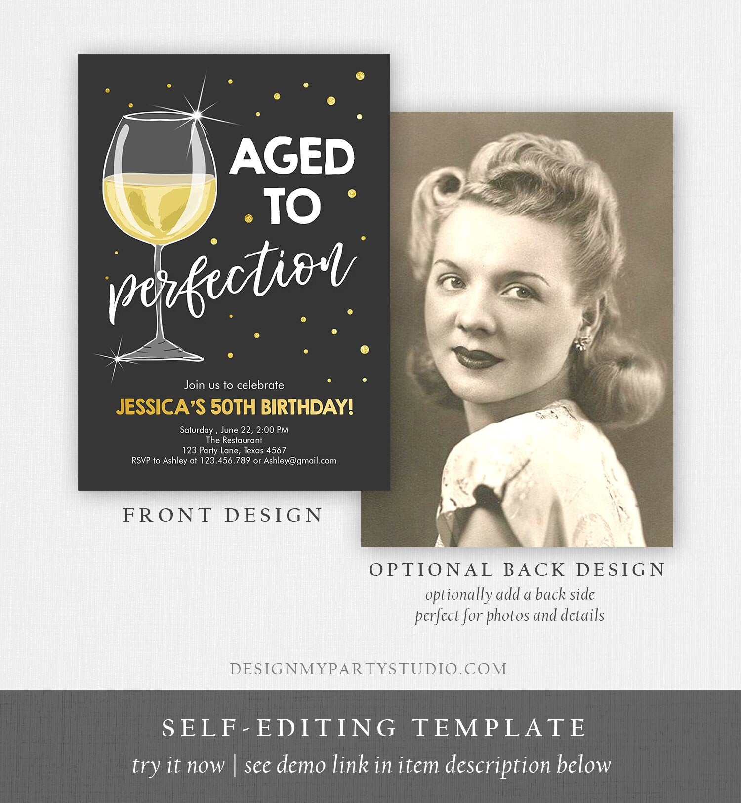 Editable Aged to Perfection Birthday Invitation Wine Adult Birthday Invite Rustic Surprise Confetti Download Printable Template Corjl 0252